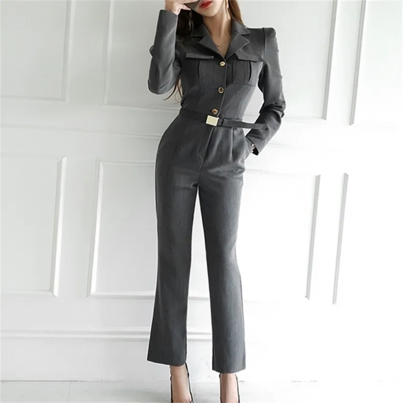 Autumn Women Fashion Elegant Office OL Workwear Casual Jumpsuits Solid High Waist Slim Romper With Belt 210519