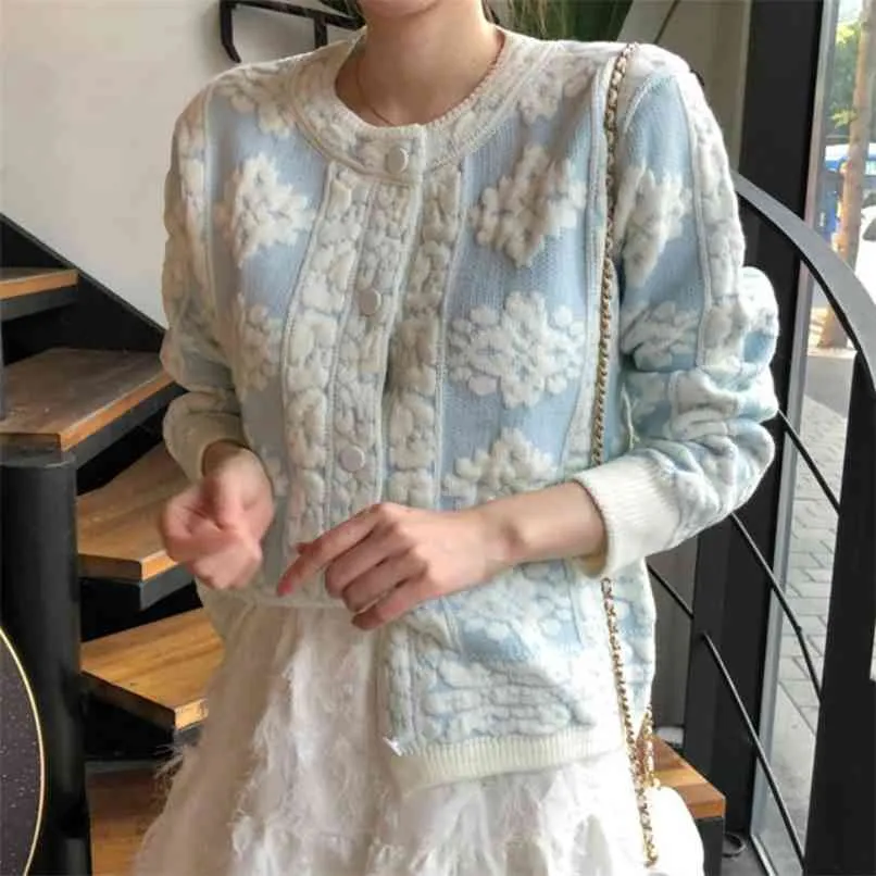 Herfst en winter Koreaanse zware industrie borduurwerk bloem lange mouw single breasted gebreide vest trui jas vrouwelijke 210529