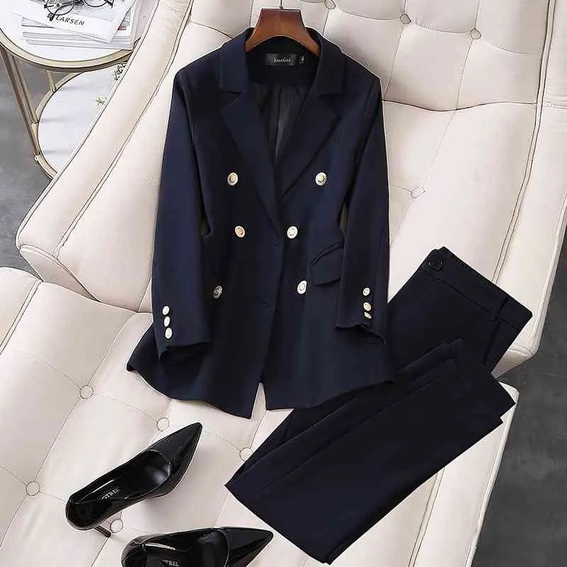 L-5xl traje de gran tamaño marino chaqueta azul entrevista profesional mujeres pantalones de manga larga de alta calidad 210527