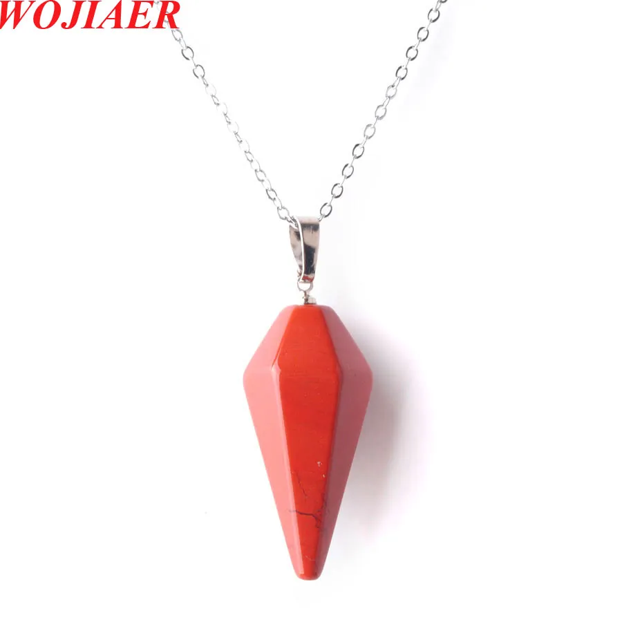 WOJIAER Pendant Necklace Hexagonal Pyramid Natural Red River Jasper Gem Stone Reiki Chakra Dangle Beads Jewelry Z9092