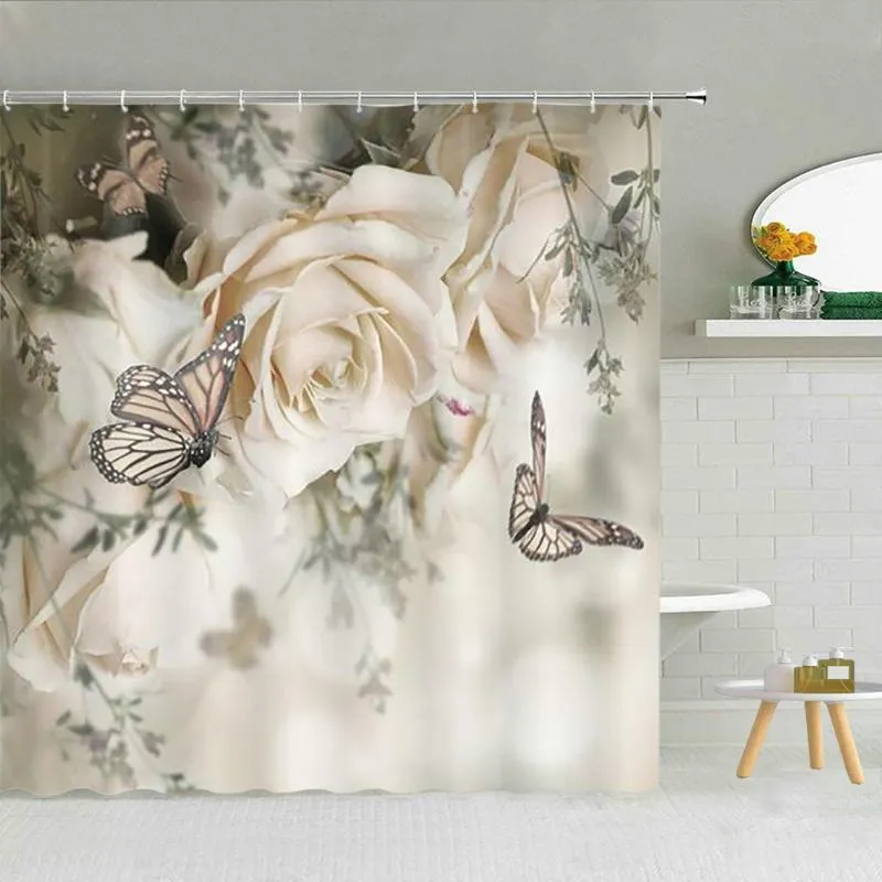 Shower Curtains Romantic Butterfly White Rose Flower Curtain Spring Floral Scenery Girl Gift Bathroom Decor Waterproof Fabric