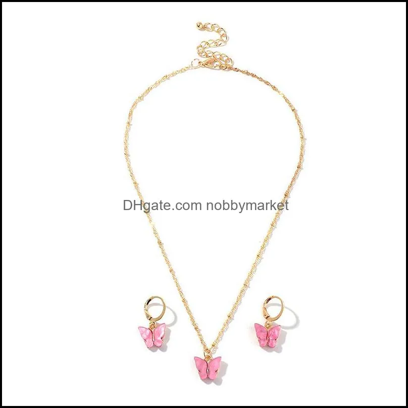 2020 Butterfly Pendant Necklaces And Earrings Set For Women Girls Fashion Pink Gold Necklace Elegant Choker Fashion Sweet Jewelry Gift