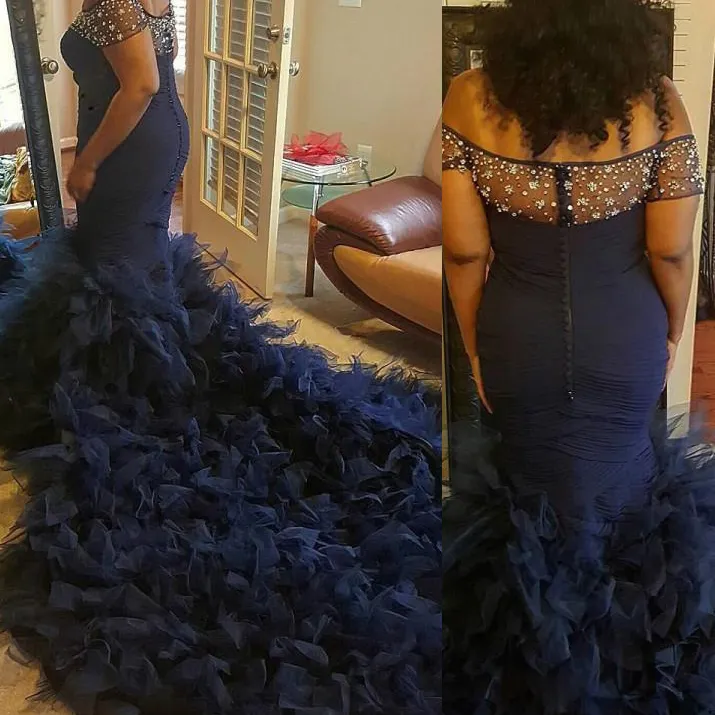 Ruffles Navy Blue Prom Dresses Crystals Beaded Off The Shoulder Chapel Train Custom Made Plus Size Mermaid Evening Party Gown Formal Ocn Wear Vestido 403 403