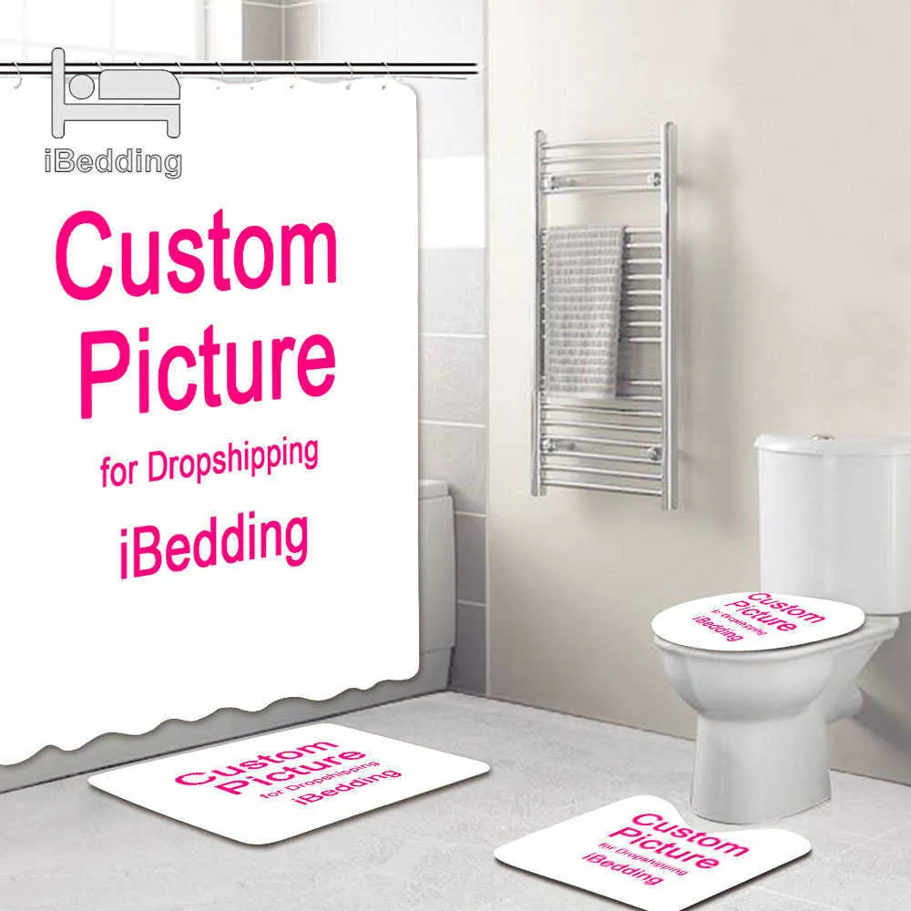 Custom Bathroom Set Waterproof Shower Curtain with Hooks Toilet Cover Mat Bath Decor Customized Po 4Pcs/set POD Drop 210609