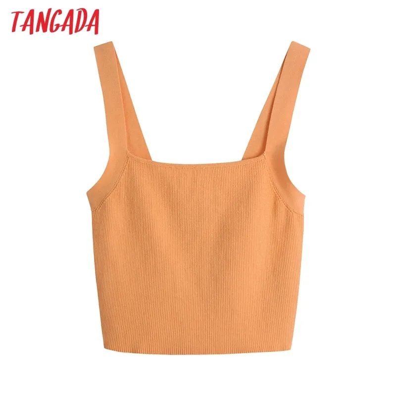 Mulheres Verão Laranja Laranja Colhido Tanques De Malha Tops Vintage Collar Quadrado Backless Camis Mujer Be616 210416