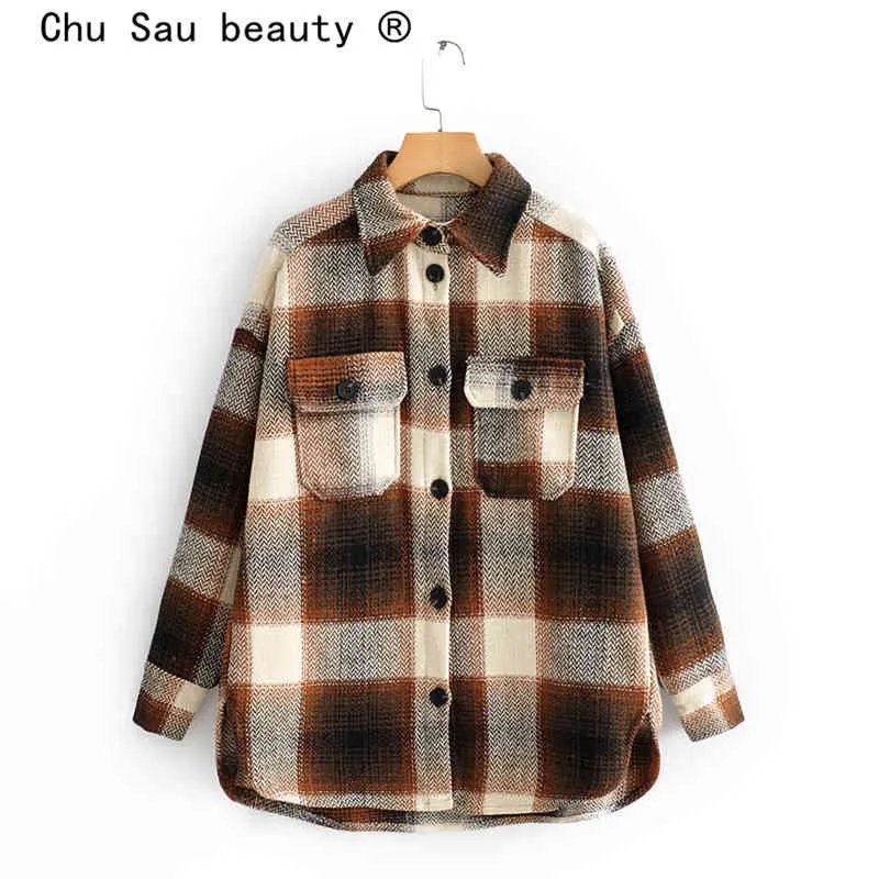 Chu Sau beauty Fashion Plaid Autumn Winter Thick Blouses Women Loose Woollen Cloth Casual Jacket Single Breasted Coat 210508