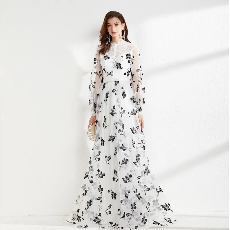 Runway Butterfly Maxi Dress for Women: Elegant O-Neck, Long Sleeves, Lace Patchwork, Printed Organza, Floor Length for Party and Prom
