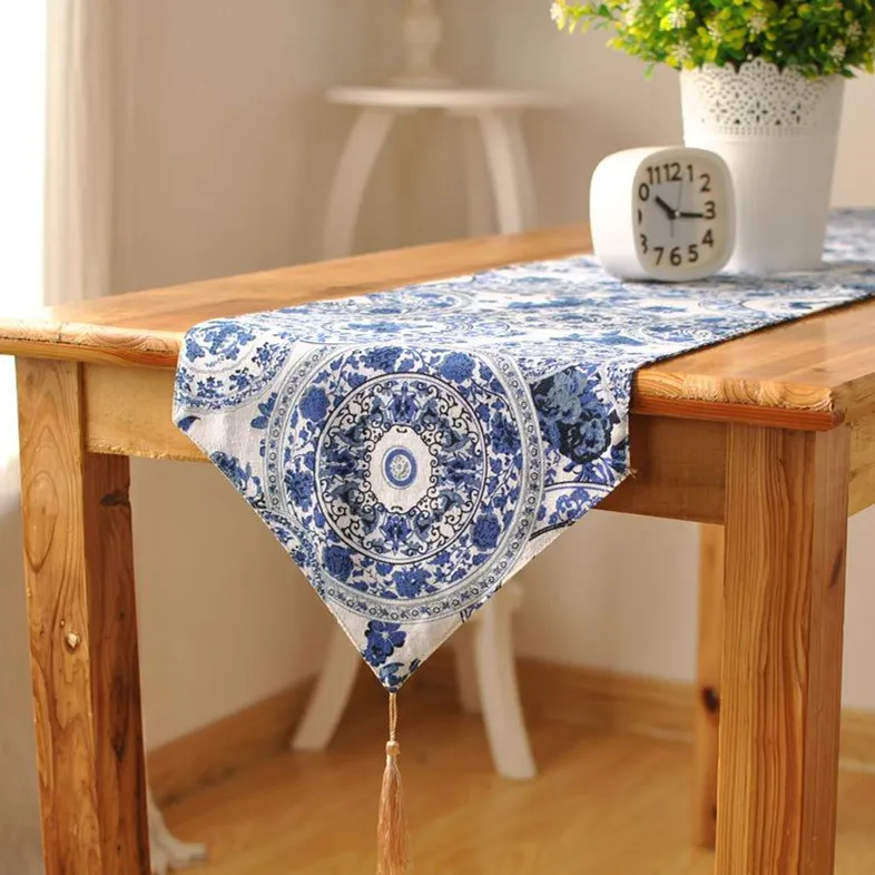 BZ378 Blue Cotton & Linen Tea Table Runner Round Endless Pattern Printed Home Hotel Table Cover Dust Proof Home Textile