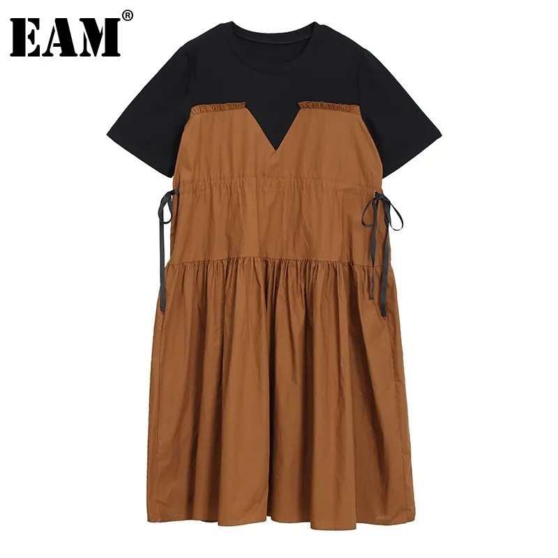 [EAM] Women Khaki Sashes Ruffle Spliced Dress Round Neck Short Sleeve Loose Fit Fashion Spring Summer 1DD8154 210512