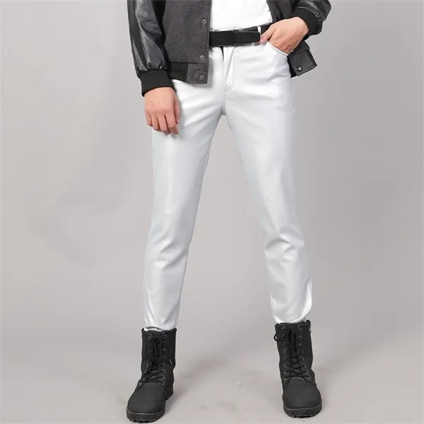 Pu Leather Pants Men 2020 New Solid Color Faux Leather Pants for Men Zipper High Quality Slim Fit Elastic Leather Trousers Men X0615