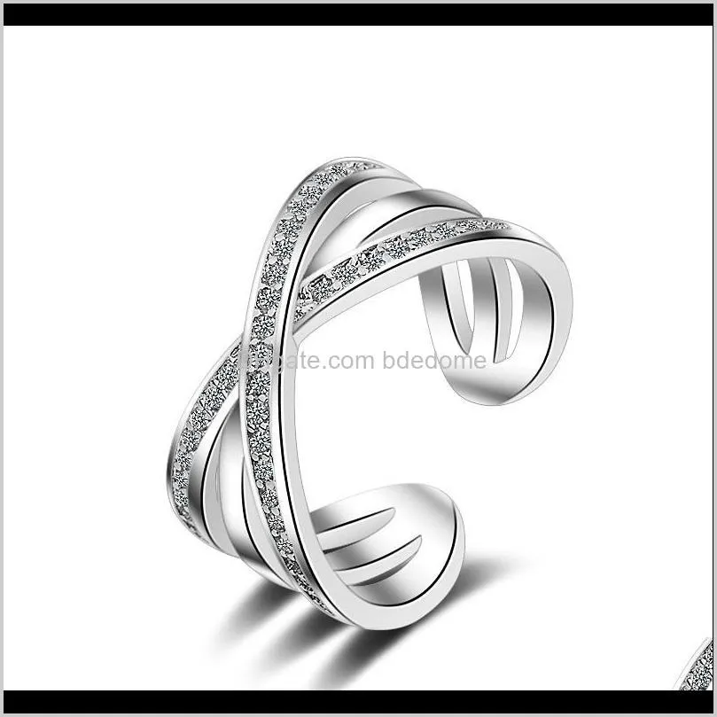 Couple Rings Drop Delivery 2021 Fashiong Jewelry Opening Brass Ring Hollow-Out Cross Connection Zircon Setting Around Imitation Rhodium Plate