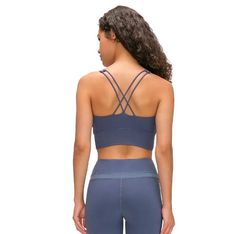 Yoga Sports Bra Lu-19 Running Fitness Vadderade Tank Toppar Båda axlar Stötskyddade Underkläder Kvinnor Samla ihop Ventilation Apparel Gym Kläder