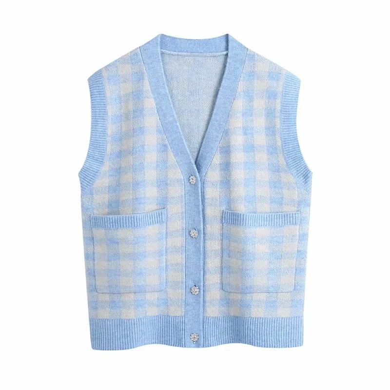 Dames Streetwear Blue Plaid Sweater Vest Fashion Ladies V-Neck gebreide tops causaal vrouwelijk chique pocket losse vest 210430