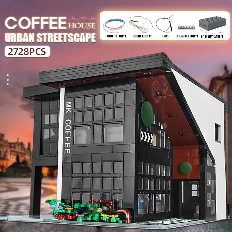 MOC-45635 Modern Cafe Model Building Blocks With Led Parts MOULD KING 16036 Streetview Series Assembly Bricks Children Birthday Toys Christmas Gifts For Kids