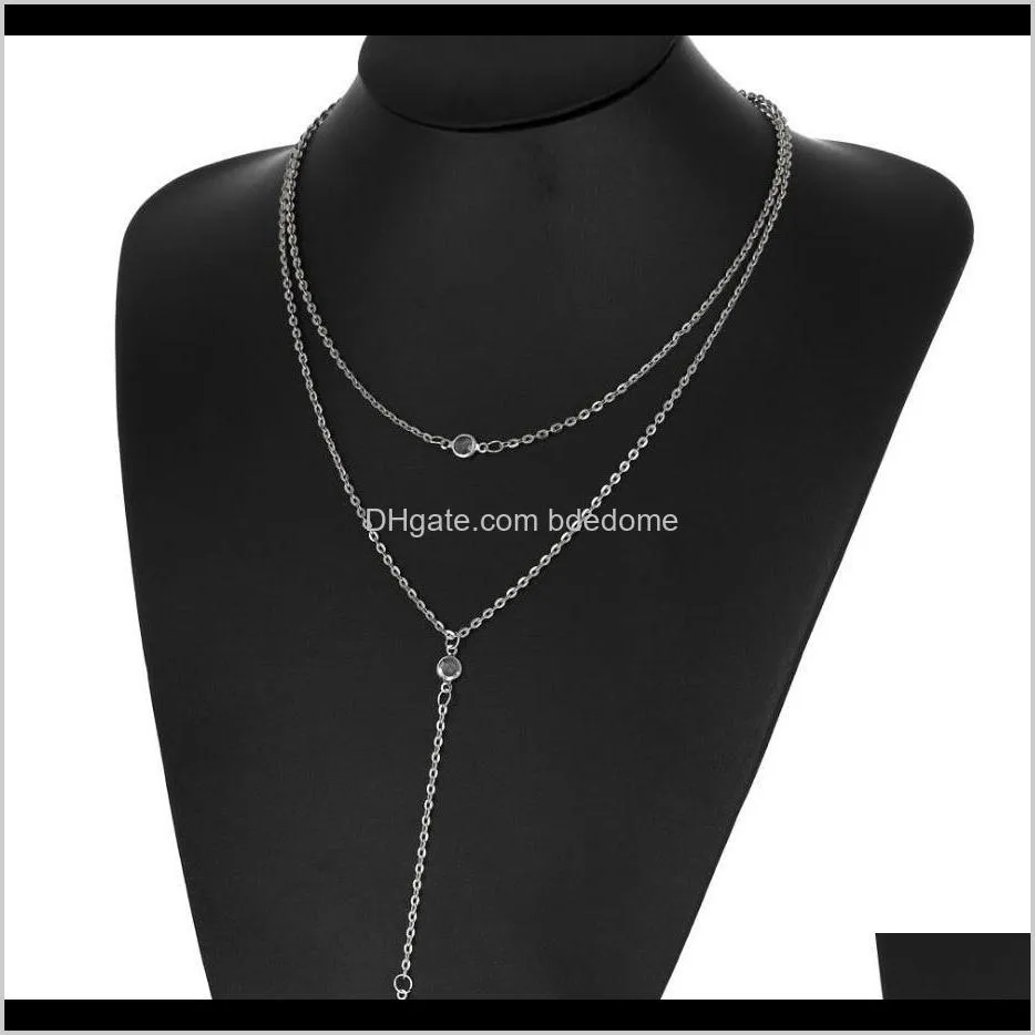 sexy necklace simple style round crystal pendant silver gold plated metal chain women girls two layer necklace