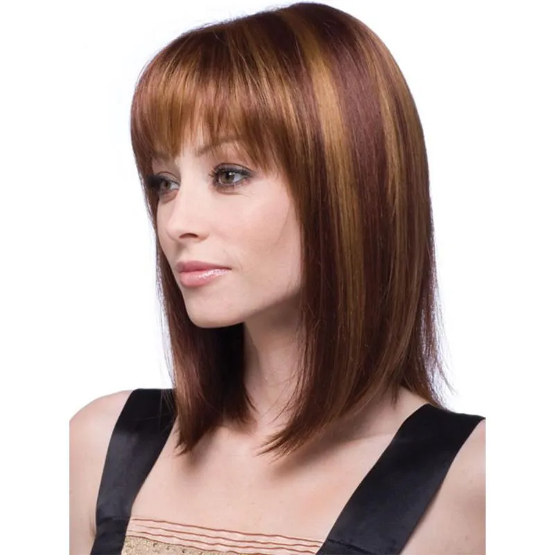 Synthetic Wigs Short Brown Blonde Hair Women's with Bang for White Women Natural Straight Cosplay By002