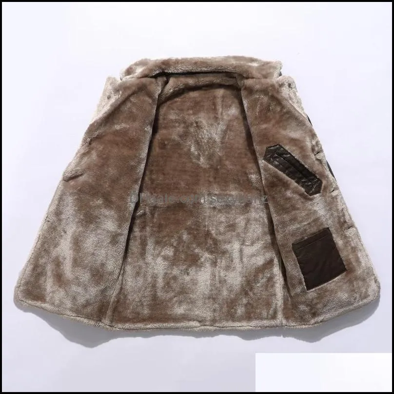 Men`s Fur & Faux 2021 Winter Leather Jacket Solid Color Lining Velvet Business Lapel Medium Length Keep Warm Black Windbreaker