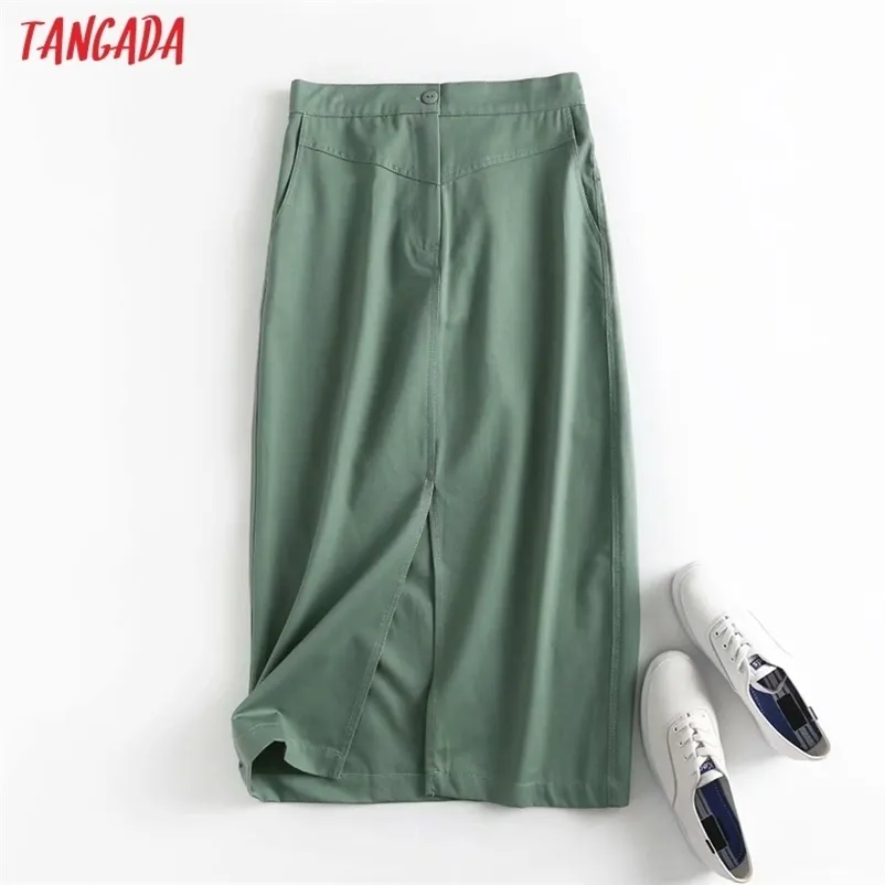 Tangada Women Green Cotton MidiスカートFaldas Mujerヴィンテージジッパーオフィスレディースエレガントなシックな真珠のスカート4c99 210621