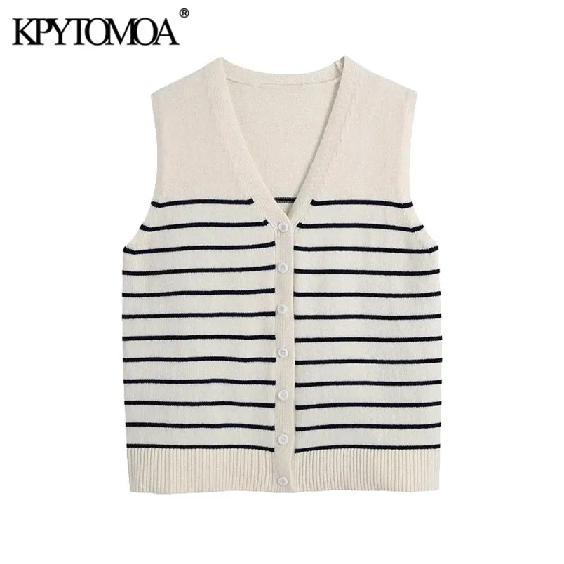 Kvinnor Mode Button-up Striped Stickad Vest Sweater V Nacke Ärmlös Kvinna Waistcoat Chic Toppar 210420