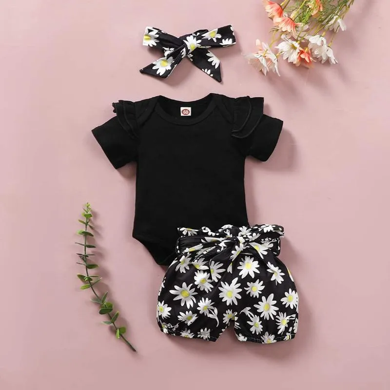 Zestawy odzieżowe #vw urodzony niemowlę ubrania dziecięce dziewczęce stałe Ruffle Romper Topy + kwiat Kwiatowy Spodenki Print + Pałąk 3szt Ropa Niña