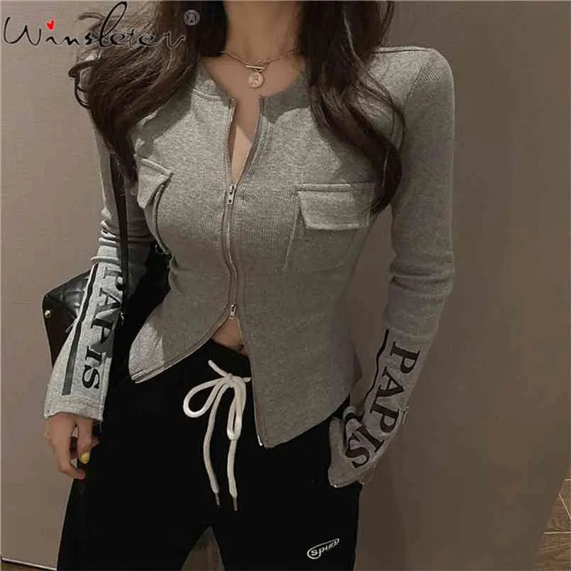 Mode Pocket Women Trui Herfst Letter Gedrukt Zip Cardigan Jassen Lange Mouw Koreaanse Casual Splits Knit TO06412B 210914