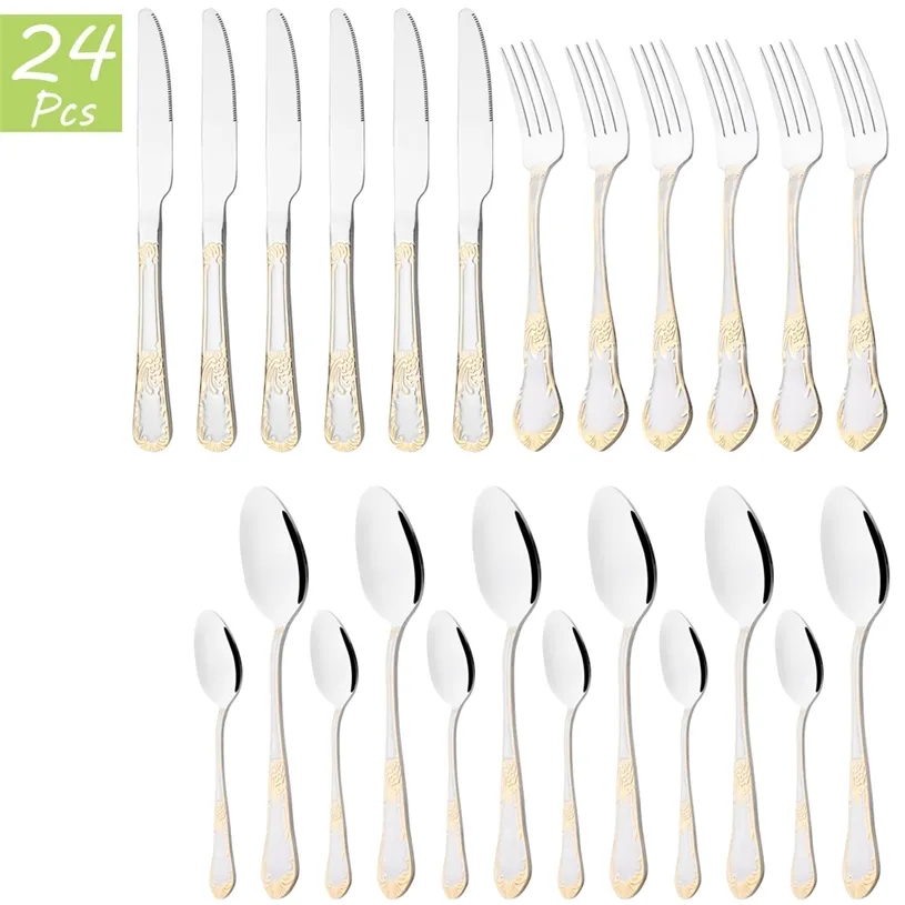24 sztuk Vintage Gold Cutlery Zestaw 18/10 Ze Stali Nierdzewnej Kolacje Noże Forks Tea Spoon Silverware Kitchen Flatware Stół 21128 \ t