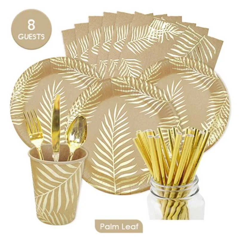 Wegwerp Dinware Nature Nature Golden Palm Leaf Party Paper Bords Cups Napking Milieuvriendelijk bestek