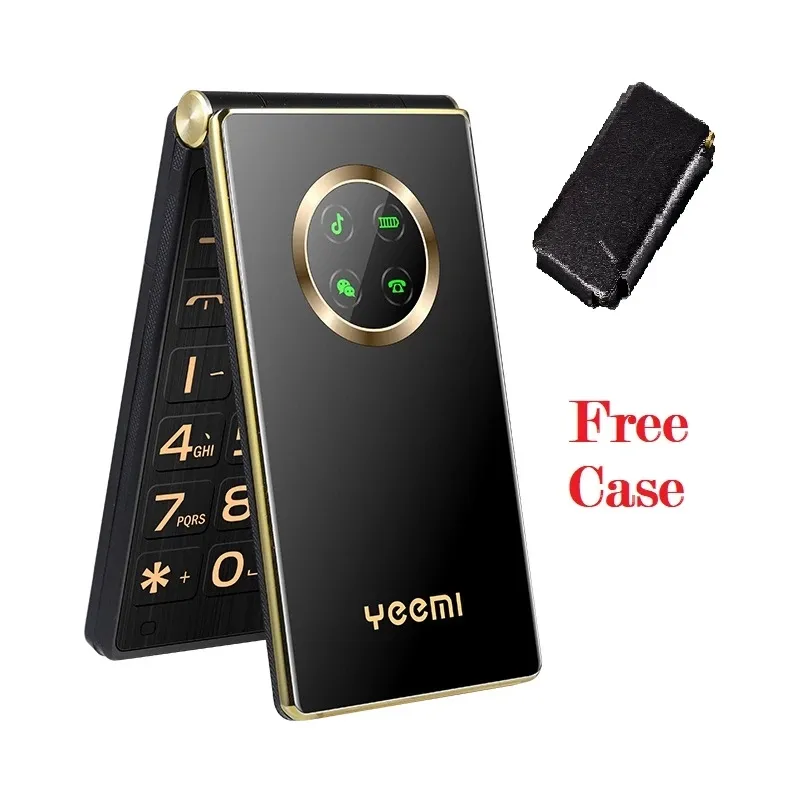 Luxury Unlocked Flip Mobile Phone Black Gold telephone Dual Sim Card 2.8 inch Double Large Screen Big Button Louder Voice Cellphone For Student Old Man Free Case