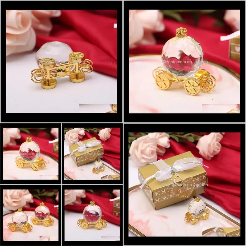 50pcs crystal cinderella pumpkin coach in gold gift box baby shower favors crystal carriage newborn baptism gift shpping sn2422