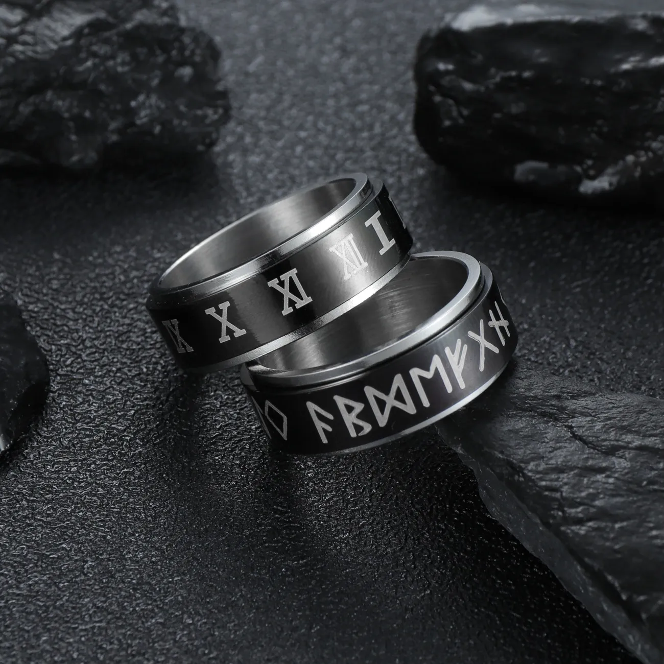 Anneau rotatif à pression réduite, chiffres romains, lettre Viking, anneaux en acier inoxydable pour hommes et femmes, bijoux à la mode