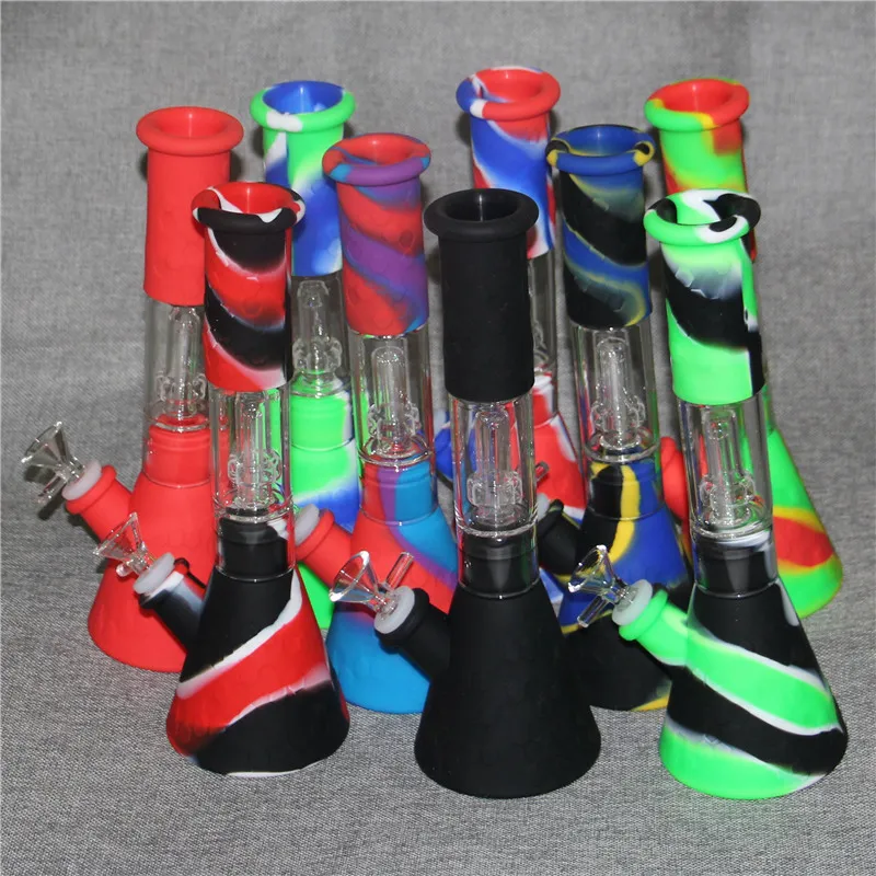 Silikon Bongs Percolators Hookahs Perc Avtagbara Räta Vattenrör Glas Rökning Bong Med Bowl Mini Dab Rigs