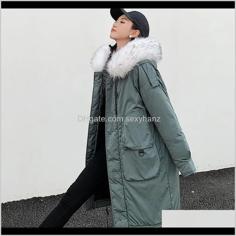 new down jacket female 2021 long section parker wind korean version loose large size long sleeve hooded woolen cotton coat