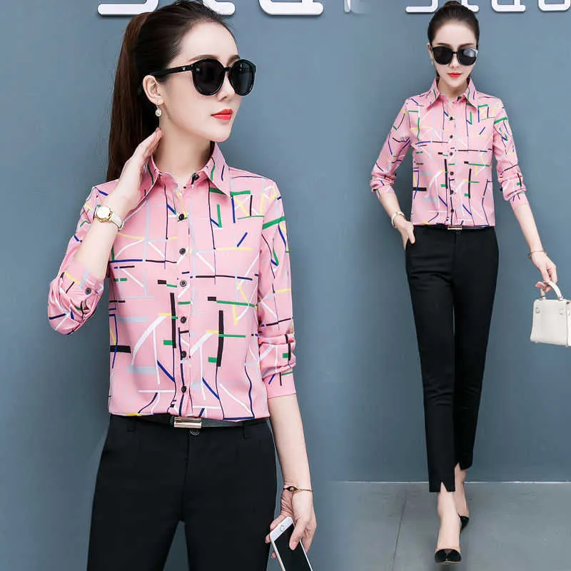 Autumn Chiffon Women Shirts Turn-down Collar Blouse Long Sleeve Office Lady Button Up Shirt Plus Size XXXL/5XL Pink Ladies Tops 210531