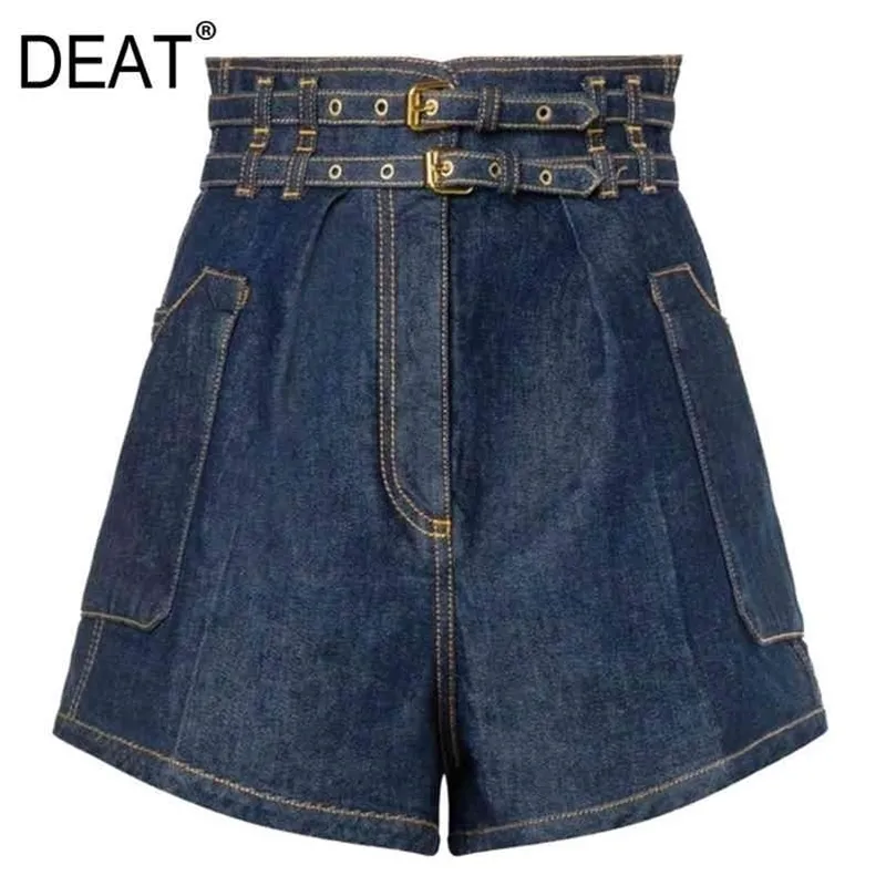 [Deat] zomer mode hoge taille effen kleur dubbele sjerpen A-lijn losse persoonlijkheid vrouwen denim shorts 13C980 210527