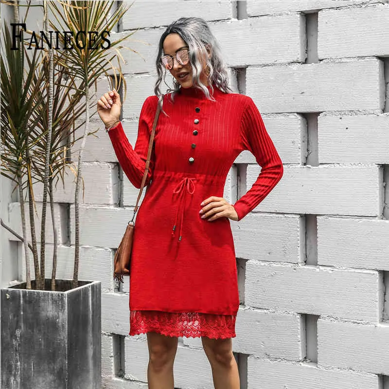 Women Autumn Winter Sweater Dresses Fashion High Neck Long Sleeve Button Knit Dress Office Lady Pencil vestidos robe 210520