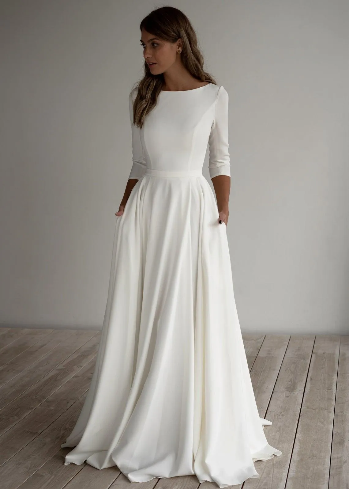 2021 A-Line Crepe Modest Wedding Dress Ocleves Pockest Train Train Simple Simply Boho Bridal Orvics Sleeved Custom