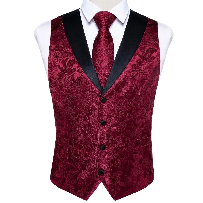 Homens coletes mens terno colete gravata conjunto vermelho seda bussiness vestido festa de casamento gravata hankerchief abotoaduras homeme manião casual jack