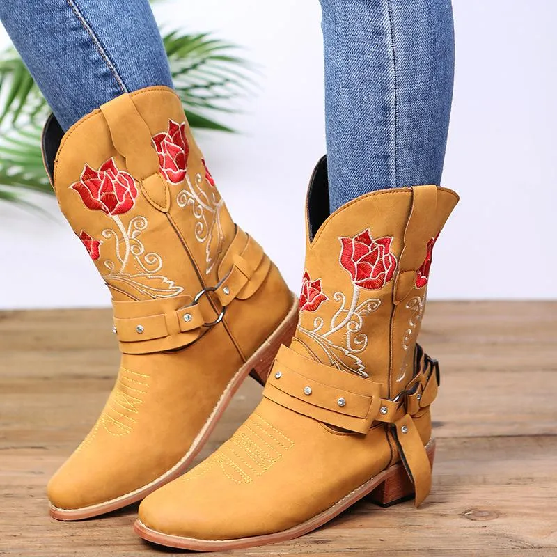 Botas de estilo étnico bordado de salto grosso no meio do tubo médio para o outono/inverno moda ao ar livre bota