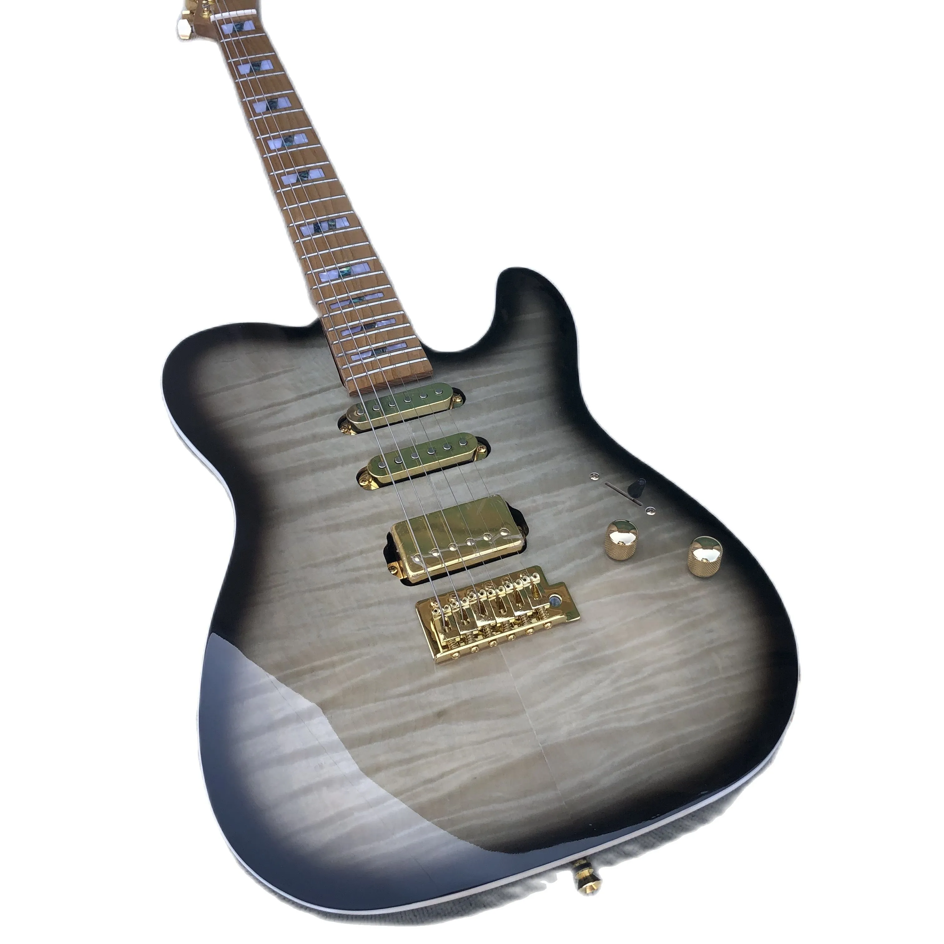 Nouveauté guitare électrique 6 cordes, peinture transparente, manche en érable charbon, incrustation d'ormeau, placage en érable tigre