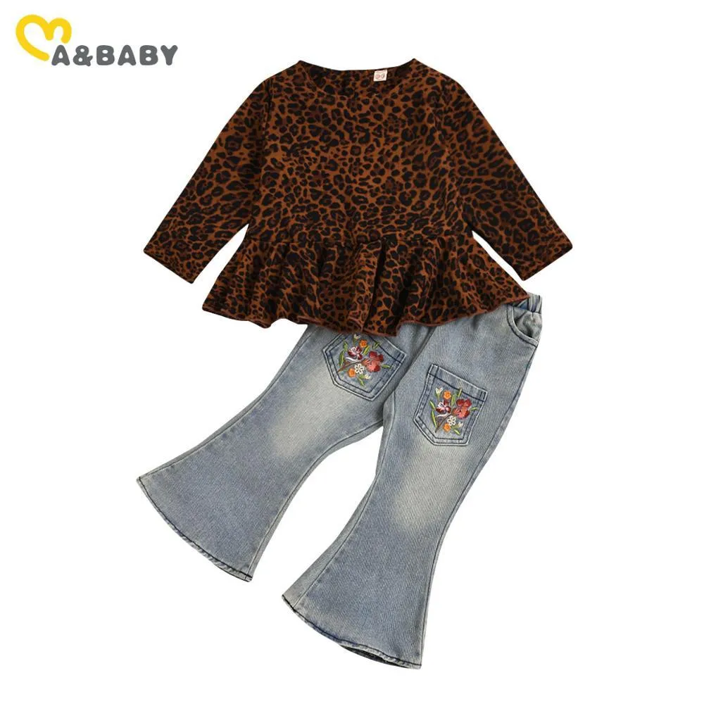2-7y Leopard criança criança meninas roupas conjunto ruffles túnica top floral calças de denim outono crianças crianças roupas 210515