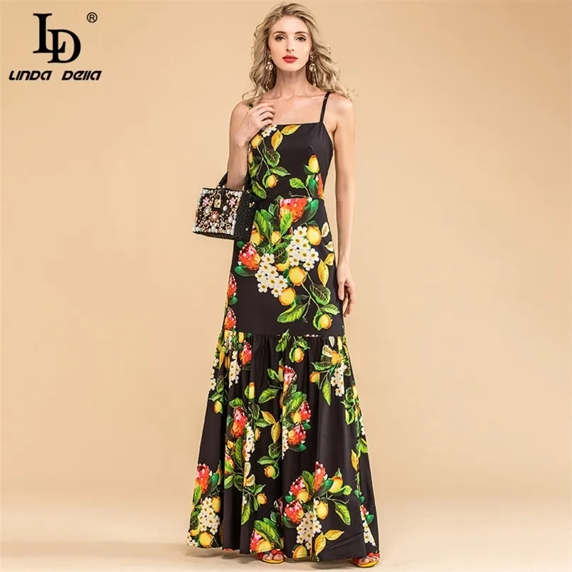 Fashion Runway Summer Sexy Spaghetti Strap Vestido Mujeres Estampado floral Vintage Sin mangas Elegante Vacaciones Largo 210522