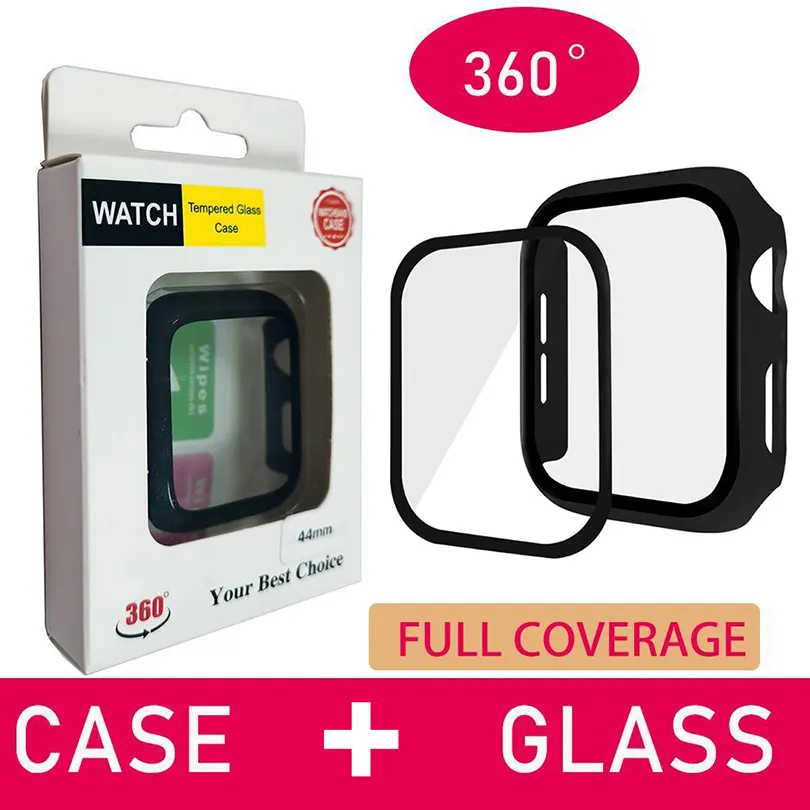 Volledige bescherming iWatch Case met GLASS Screen Protector voor voor Apple iwatch Series 7/6/5/4/3/2/1 Volledige dekking 38 40 42 44mm 41mm 45mm Watch Glass Cover PC Hard Bumper