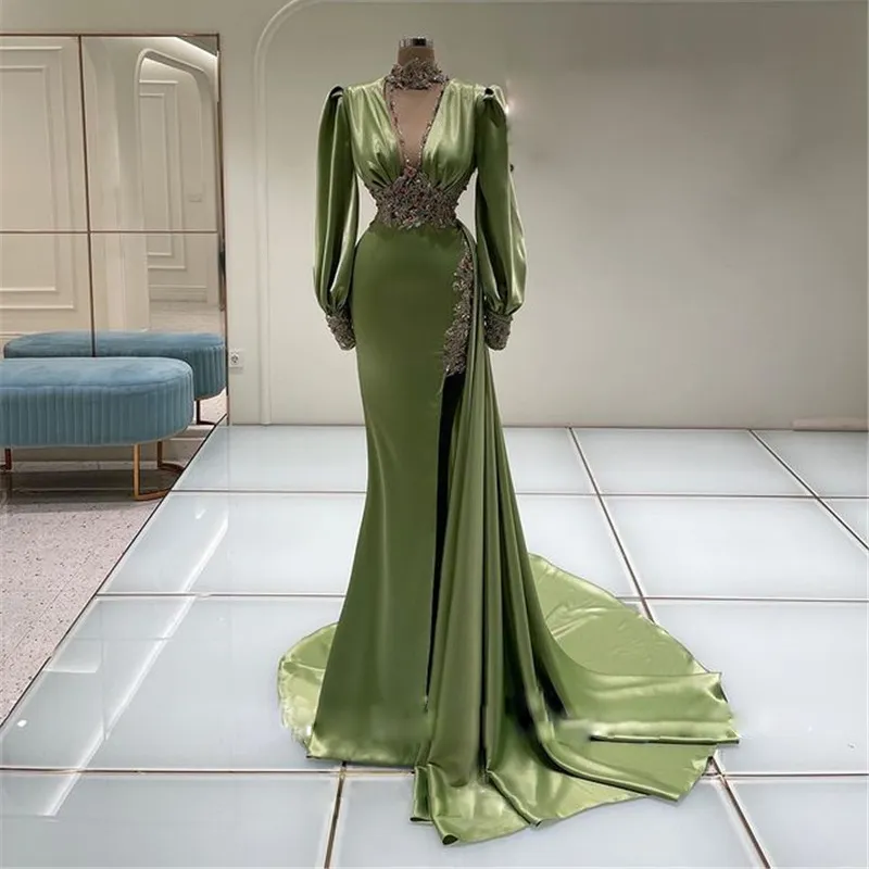 High Neck Green Dresses Crystal Split Side Train Celebrity Bowns Mermaid Long Prom Dress T Shirt Sleeve Arabic Dubai Evening Wear 326 326