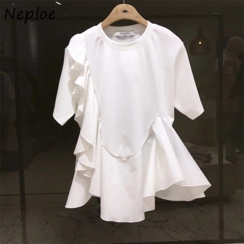 Coreano solto casual babados manga curta t - shirts mulheres harajuku verão sólido simples tshirt fashion senhora tops 1E664 210422