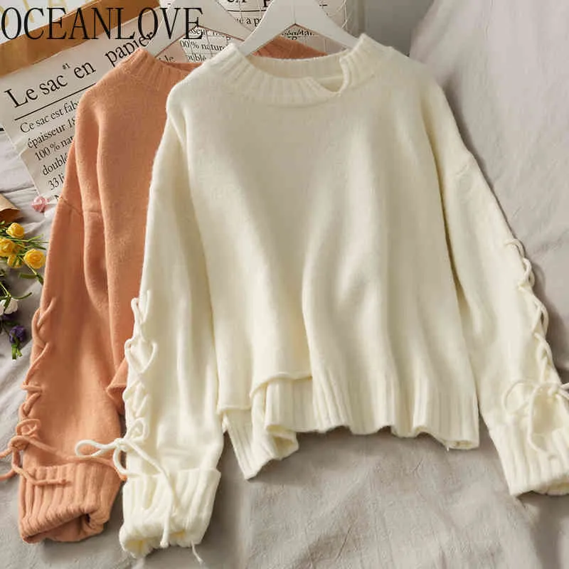 Pullover Solid Cut Bandage Candy Color Laze Wind Donna Maglioni Loose Ins Fashion Mujer Sueteres Top 19460 210415