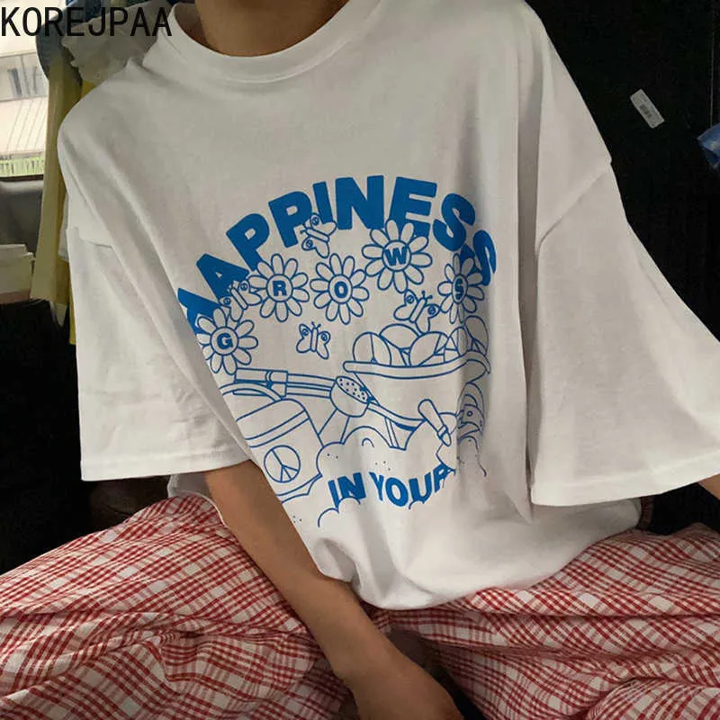 コレヒパアの女性Tシャツ夏の韓国のシックな女性の西側のスタイルラウンドネックレター印刷緩いカジュアル全体マッチプルオーバー210526