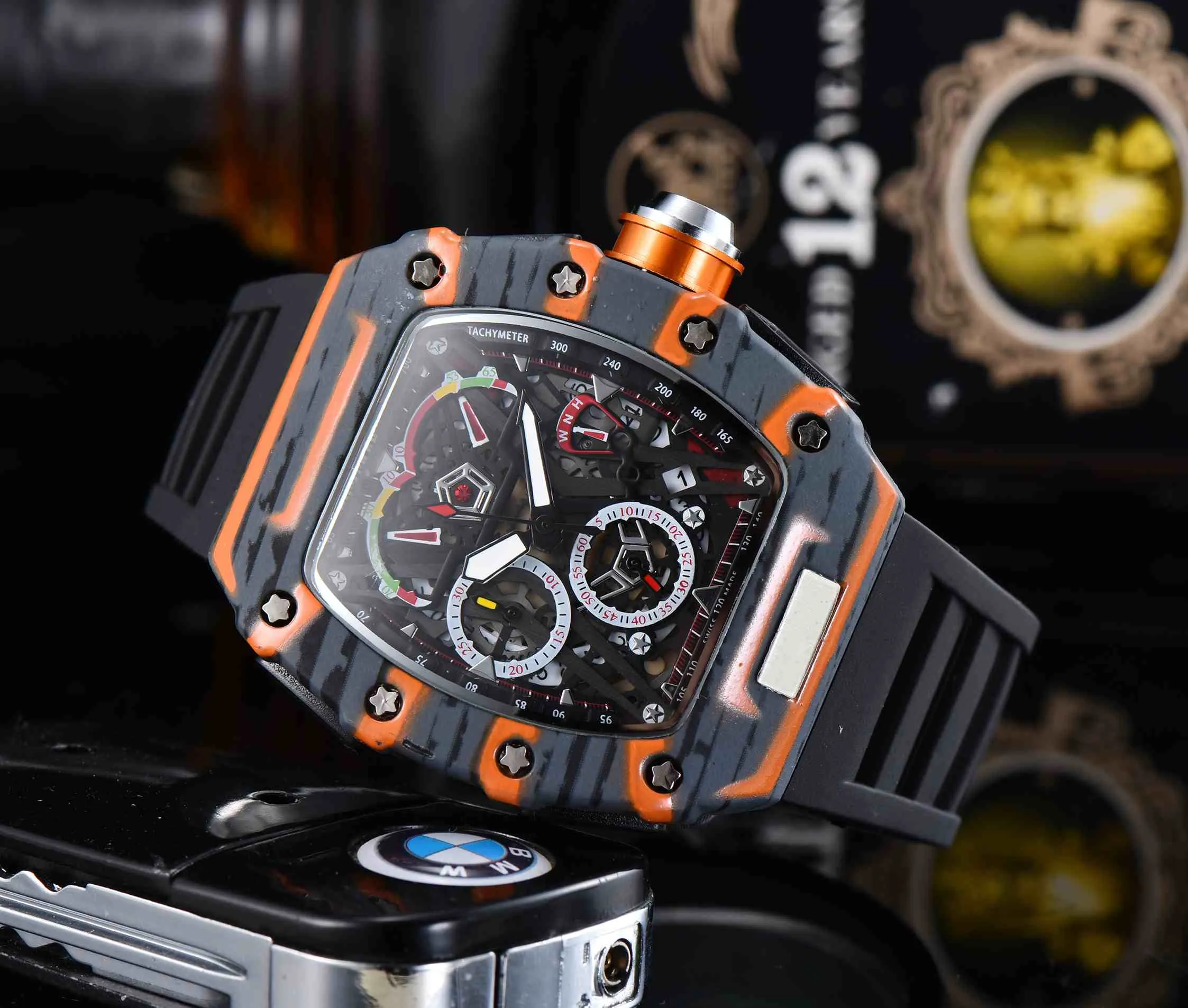 Top Digite Versie Skeleton Dial Alle Fiber Patroon Case Japan Saffier Heren Horloges Rubber Designer Sport Watches279H