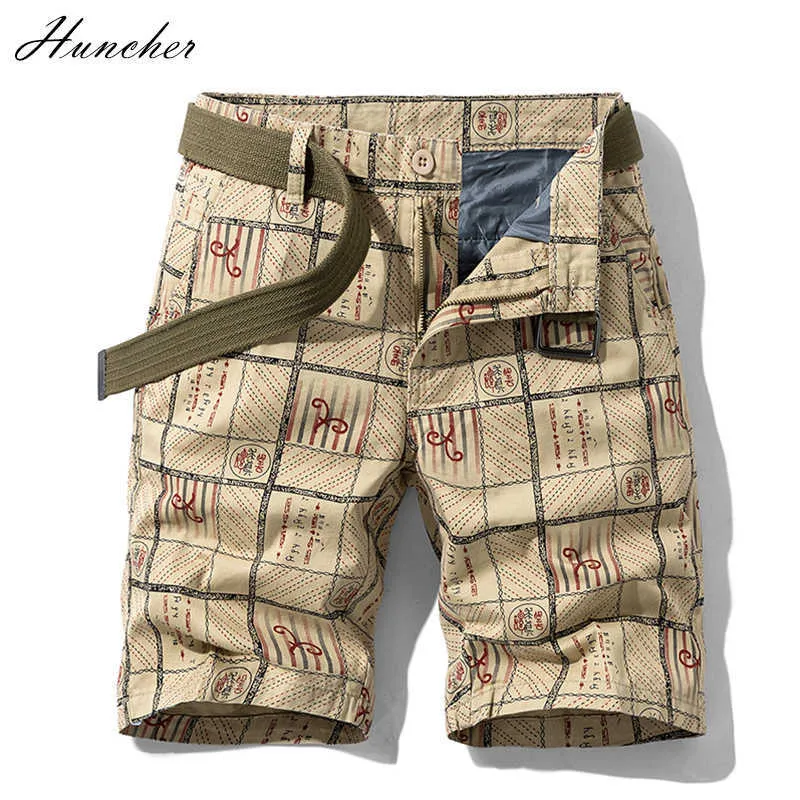 Huncher sunmer manliga shorts bomull mode för män tryckt plus storlek klassisk utomhus andningsbar mens khaki beach 210714