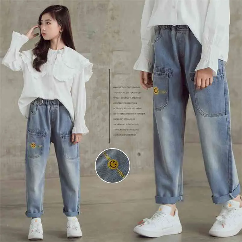 Mode Koreaanse jeans voor kinderen meisjes katoen lente kinderen elastische taille broek losse tiener lange broek babykleding 210622