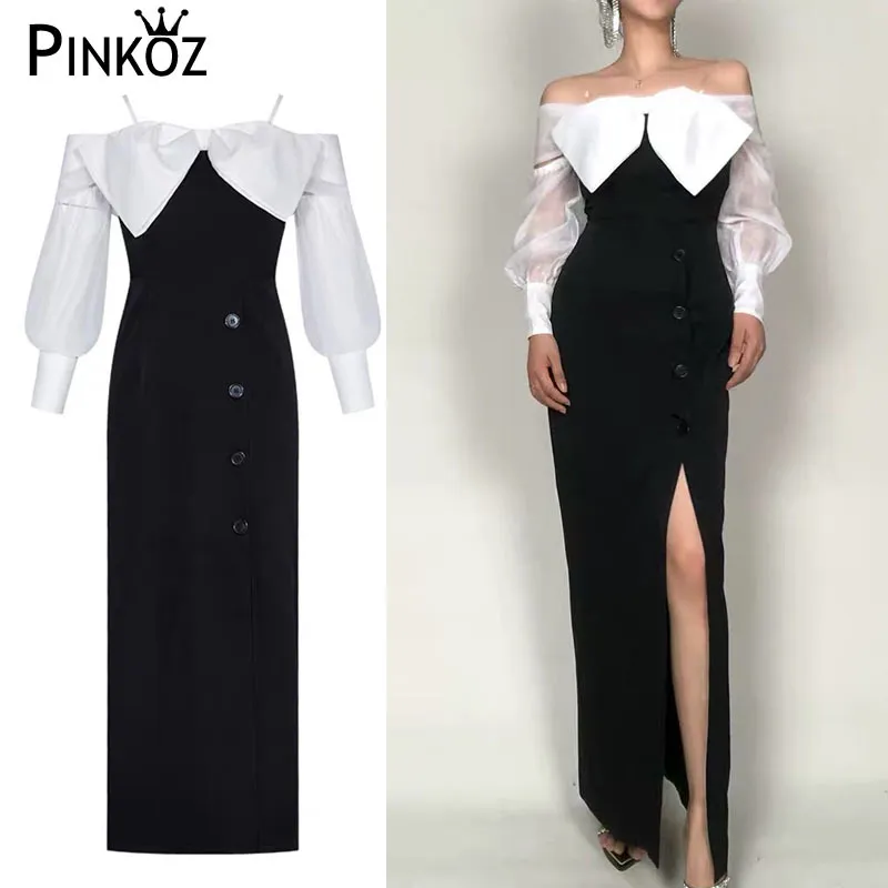 Styl Celebrity Bow Slim Bodycon Party Maxi Dress Black Slash Neck Split Guziki Luksusowe sukienki dla kobiet Vintage Chic 210421